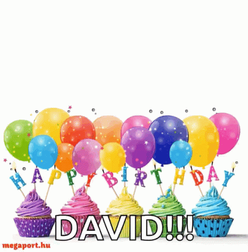 A Birthday Card With Cupcakes And Balloons Says Happy Birthday David GIF
