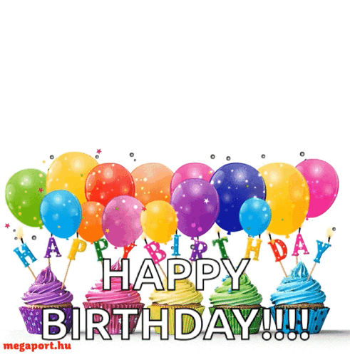 A Birthday Card With Cupcakes And Balloons That Says Happy Birthday !!! GIF