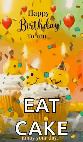 Birthday Card With Cupcakes Candles And Eat Cake GIF