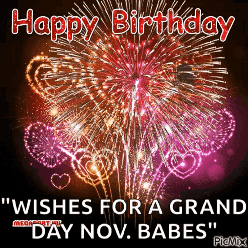 a birthday card with fireworks and the words " wishes for a grand day nov. babes "