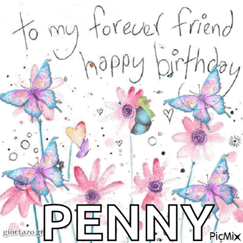 A Birthday Card With Flowers And Butterflies And The Name Penny GIF