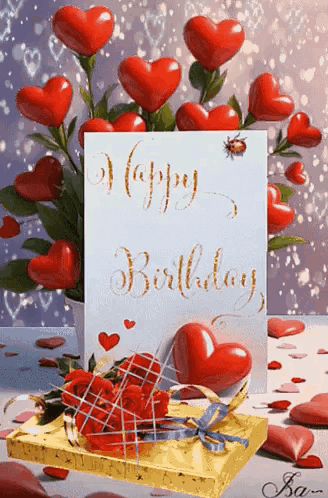 A Birthday Card With Hearts And Roses And A Gift Box GIF