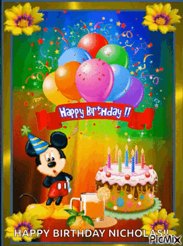 A Birthday Card With Mickey Mouse And Balloons And The Words Happy Birthday Nicholas GIF