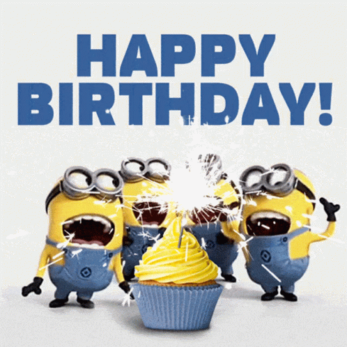 A Birthday Card With Minions And A Cupcake And The Words Happy Birthday GIF