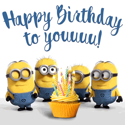 A Birthday Card With Minions And A Cupcake With Candles That Says Happy Birthday To Youuuu GIF