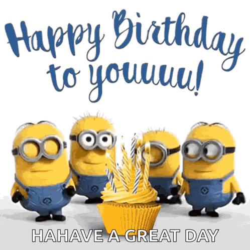 A Birthday Card With Minions And A Cupcake With Candles GIF