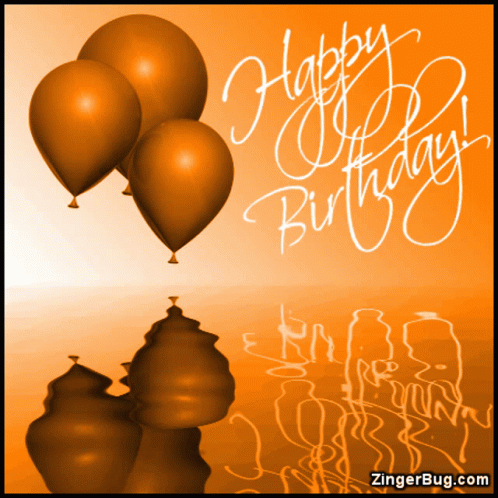 A Birthday Card With Orange Balloons And The Words Happy Birthday On It GIF