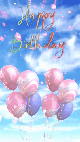 A Birthday Card With Pink And Purple Balloons And The Words " Happy Birthday " GIF