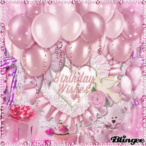 A Birthday Card With Pink Balloons And A Heart That Says " Birthday Wishes " GIF
