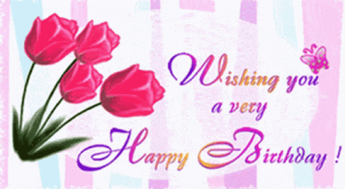 Birthday Card With Pink Flowers And Happy Birthday Text GIF