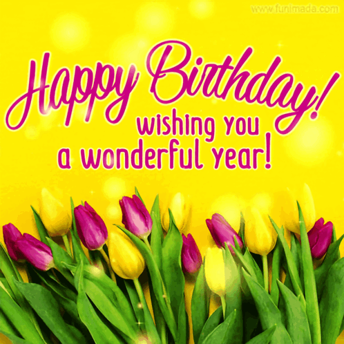 A Birthday Card With Purple And Yellow Flowers And The Words Happy Birthday Wishing You A Wonderful Year GIF