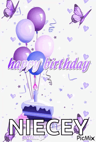 A Birthday Card With Purple Balloons And Butterflies And The Name Niecey GIF