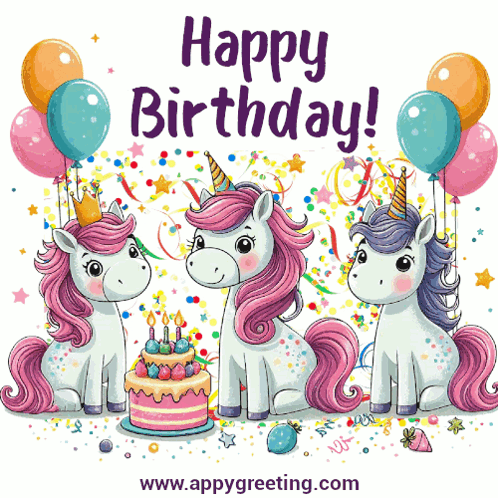 A Birthday Card With Three Unicorns And A Cake And The Words Happy Birthday GIF