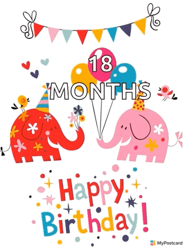 A Birthday Card With Two Elephants And Balloons That Says 18 Months Happy Birthday GIF