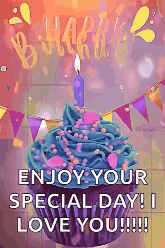 A Birthday Cupcake With A Candle On Top Of It And The Words `` Enjoy Your Special Day ! I Love You ! '' GIF
