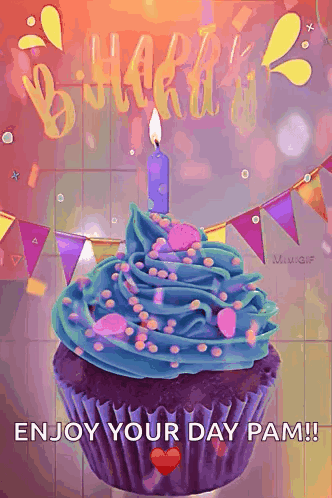 A Birthday Cupcake With Blue Frosting And A Candle On It GIF