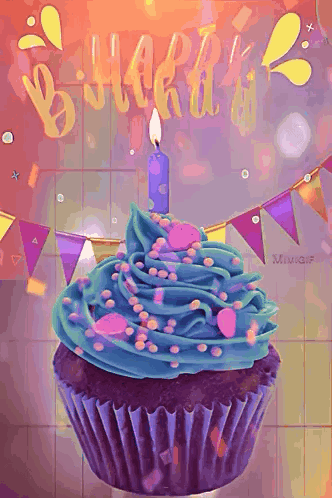 A Birthday Cupcake With Blue Frosting And A Candle On Top GIF