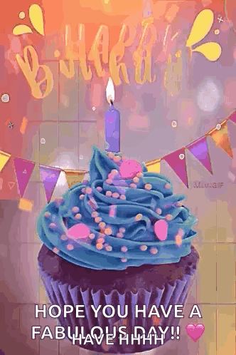 A Birthday Cupcake With Blue Frosting And A Candle On Top GIF