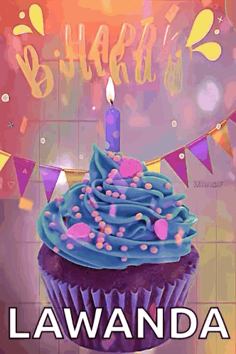 A Birthday Cupcake With Blue Frosting And Sprinkles And The Name Lawanda GIF