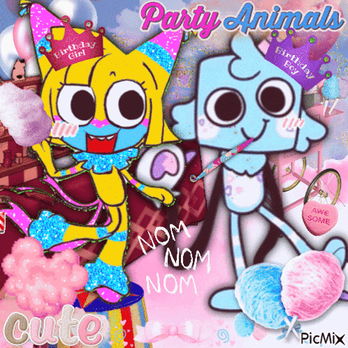A Birthday Girl And A Birthday Boy Are Standing Next To Each Other With The Words Party Animals Above Them GIF