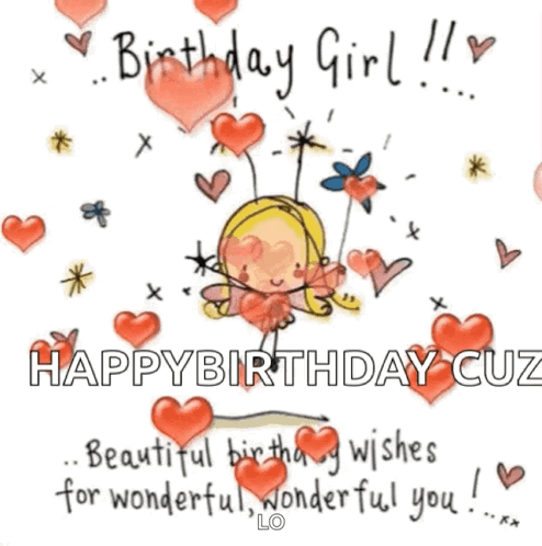 A Birthday Girl Is Surrounded By Hearts And Flowers On A Card . GIF