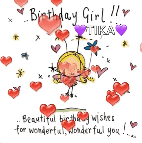 A Birthday Girl Tika Greeting Card With A Fairy Surrounded By Hearts GIF