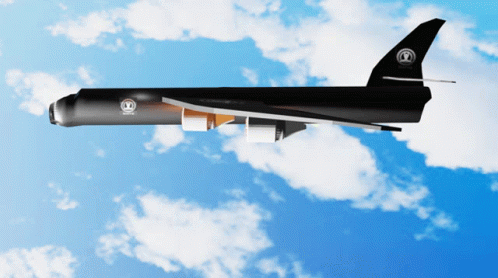 A Black Airplane Is Flying In A Blue Sky With A White Circle On The Tail GIF
