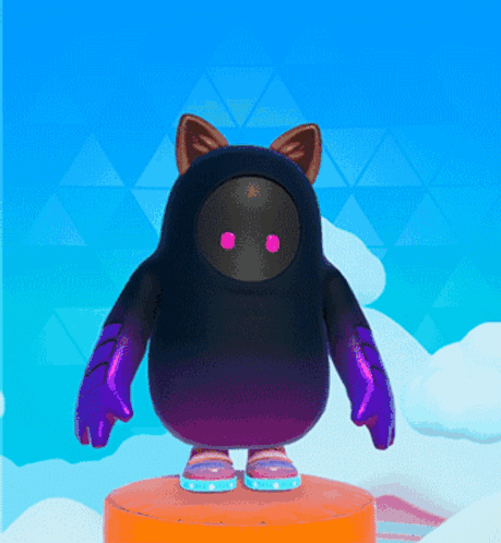 A Black And Purple Cartoon Character With Pink Eyes Is Standing On An Orange Block GIF