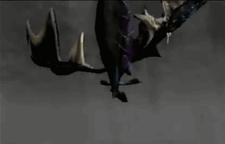 A Black And Purple Dragon Is Flying Through The Air In A Dark Room . GIF