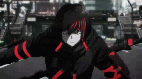 A Black And Red Anime Character Is Holding A Sword And Walking Down A Street . GIF
