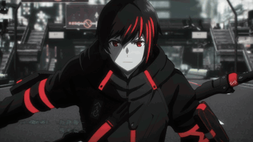A Black And Red Anime Character With The Letter M On His Arm GIF