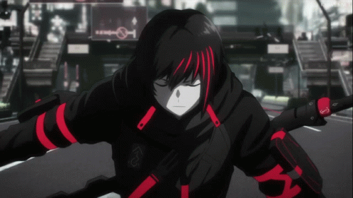 A Black And Red Anime Character With The Letter X On His Arm Is Holding A Sword GIF