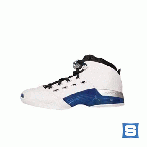 A Black And Red Basketball Shoe With The Letter S On The Bottom GIF