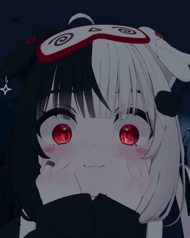 A Black And White Anime Character With Red Eyes And A Swirl On Her Head GIF
