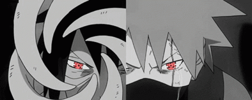 A Black And White Anime Character With Red Eyes GIF