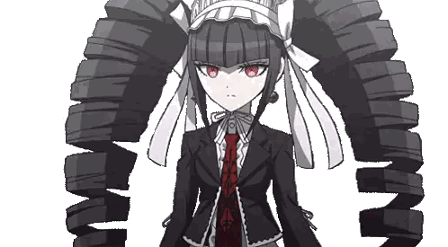 a black and white anime girl with pigtails and a red tie