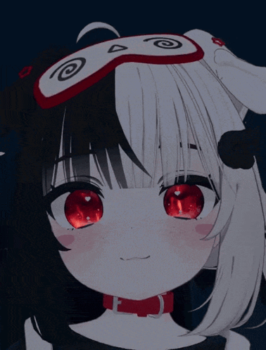 A Black And White Anime Girl With Red Eyes And A Sleep Mask On Her Head GIF
