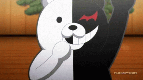 A Black And White Cartoon Bear With A Red Bat On Its Face GIF