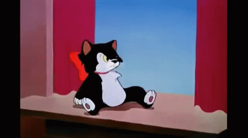 A Black And White Cartoon Cat Is Sitting On A Window Sill Looking Out The Window . GIF