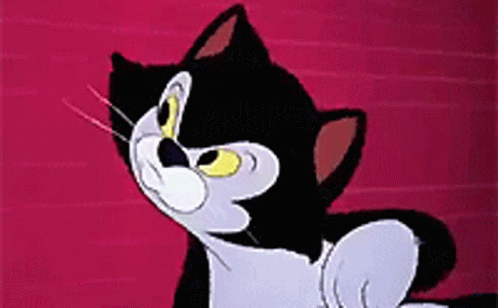 A Black And White Cartoon Cat With A Yellow Nose Is Looking Up On A Pink Background . GIF