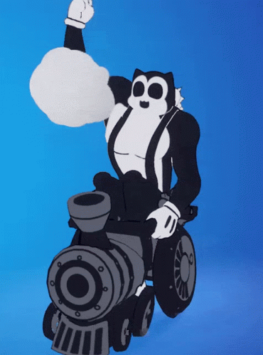 A Black And White Cartoon Character Is Riding A Train With A Blue Background GIF