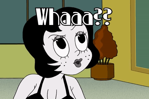 A Black And White Cartoon Character With The Word Whaaa On Her Head GIF