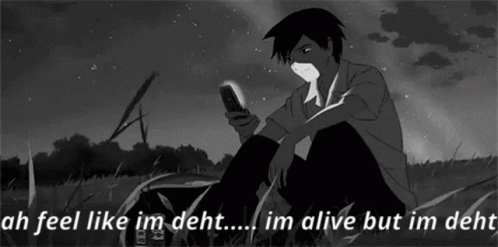 A Black And White Cartoon Of A Boy Sitting In The Grass Looking At His Cell Phone . GIF