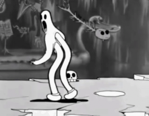 A Black And White Cartoon Of A Ghost Standing In Front Of A Skull GIF