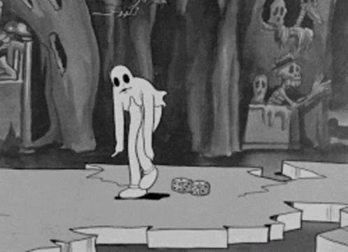 a black and white cartoon of a ghost standing on a ledge