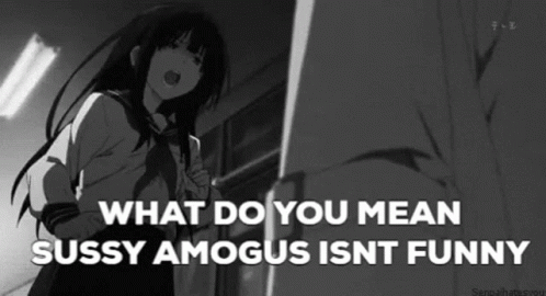 A Black And White Cartoon Of A Girl With The Words `` What Do You Mean Sussy Amagus Isnt Funny '' . GIF