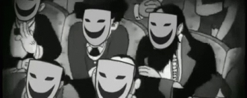 A Black And White Cartoon Of A Group Of Men Wearing Masks GIF
