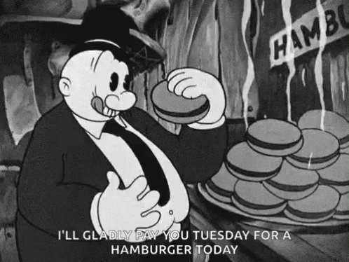 A Black And White Cartoon Of A Man Eating A Hamburger And Saying I 'Ll Gladly Pay You Tuesday GIF