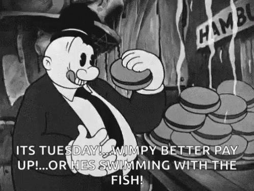 A Black And White Cartoon Of A Man Eating A Hamburger And Saying `` It 'S Tuesday ! '' GIF