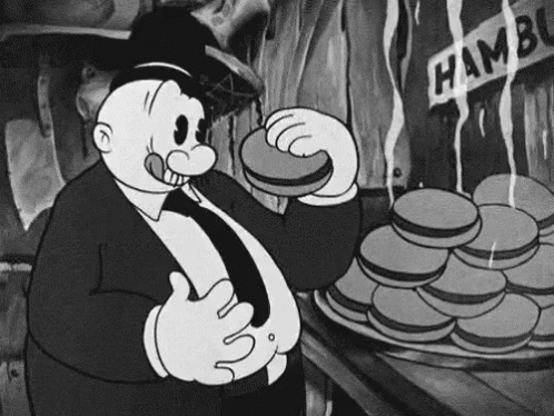 A Black And White Cartoon Of A Man Eating A Hamburger In Front Of A Sign That Says Ham . GIF